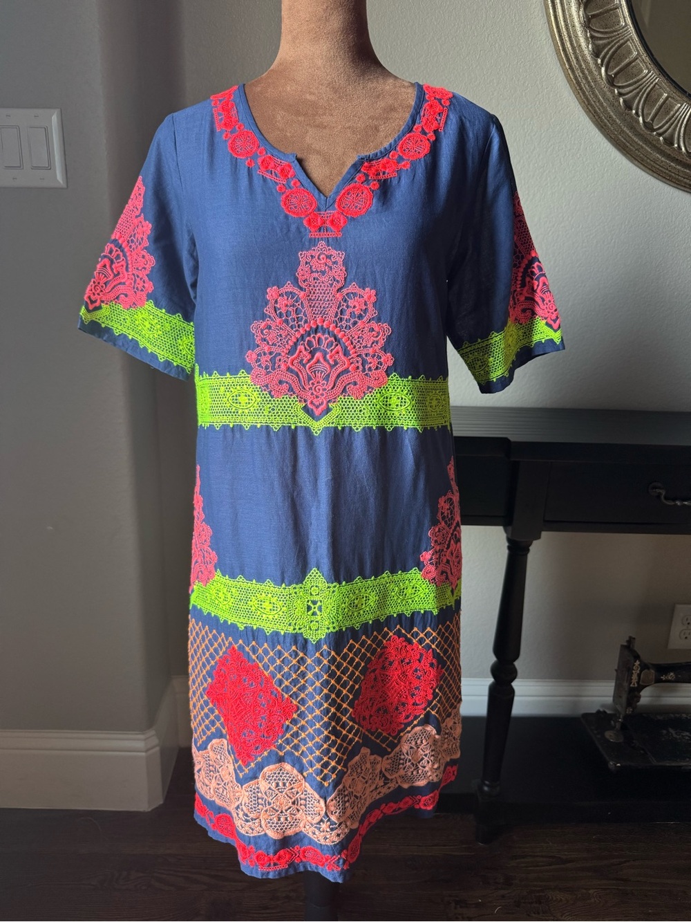 Rose & Rose Navy Embroidered Tunic Dress Neon Coral Lime Peach Cotton XS India